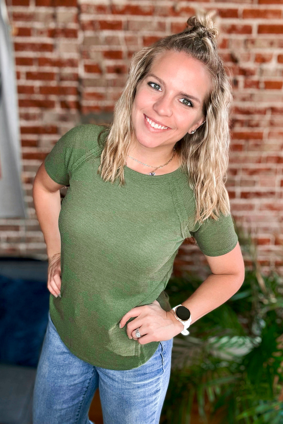 Baby Waffle Knit Short Sleeve Top •Light Olive•