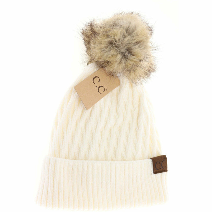 Solid Honey Comb Fur Pom C.C Beanie HAT2079: Brick