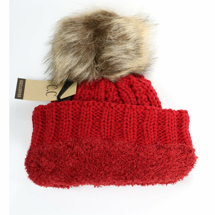 Fuzzy Lined Fur Pom CC Beanie YJ820: Black