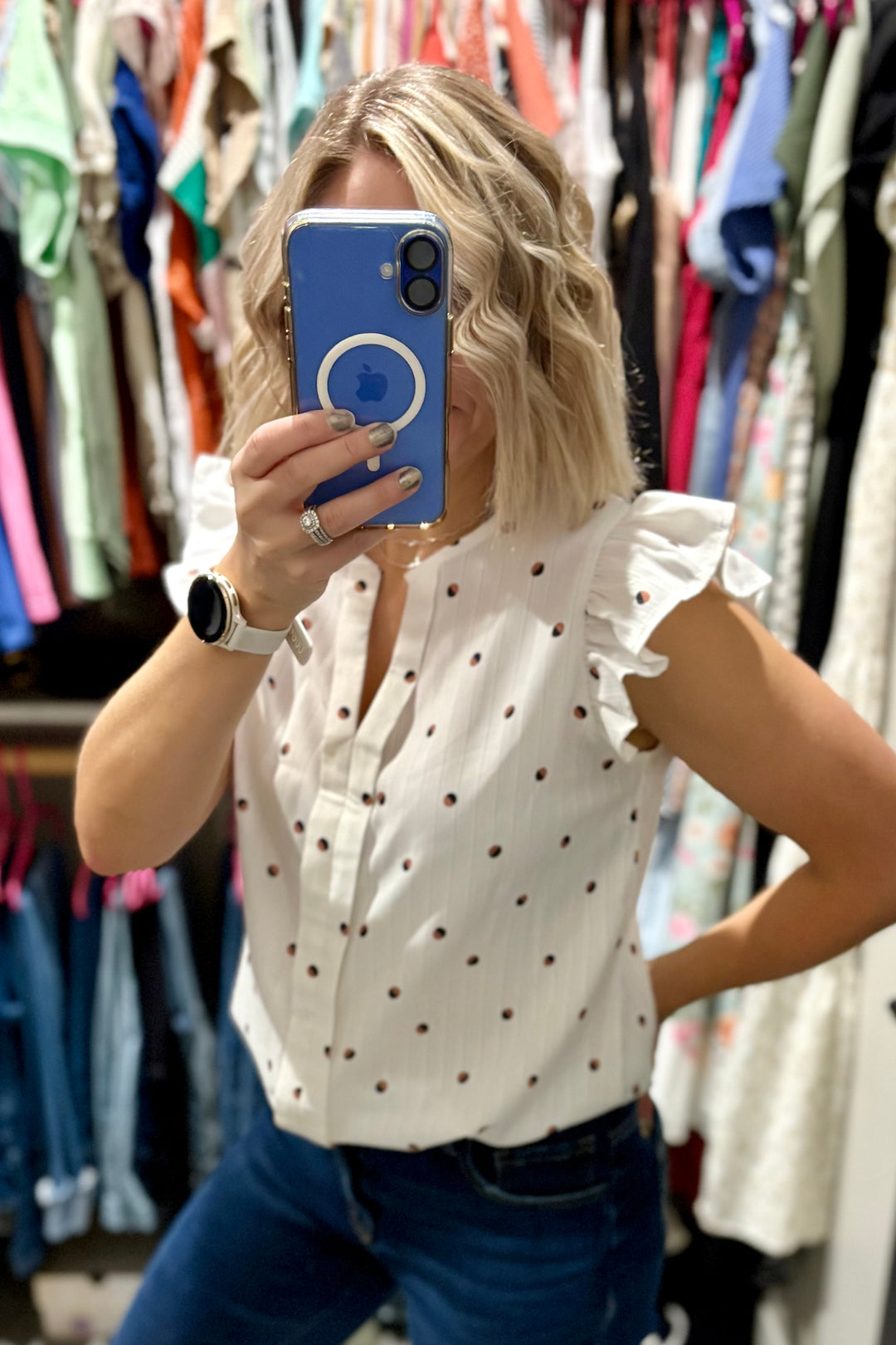 Polka Dot Print Short Sleeve Blouse
