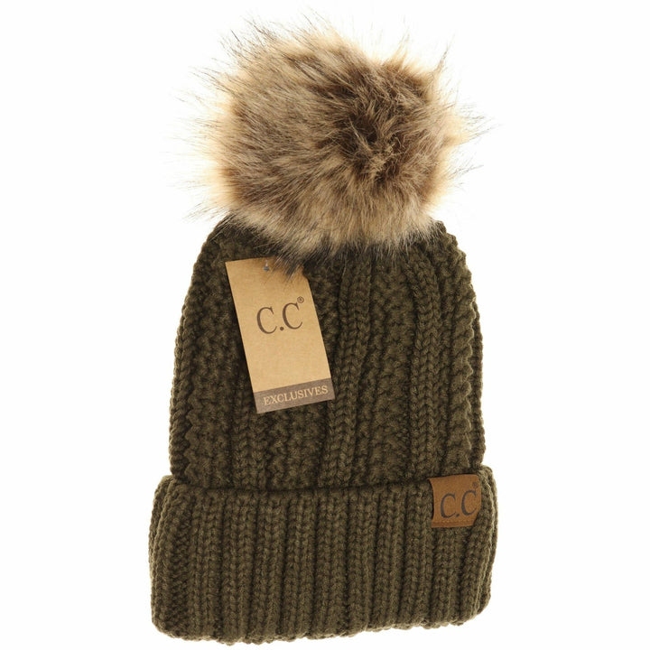 Fuzzy Lined Fur Pom CC Beanie YJ820: Black