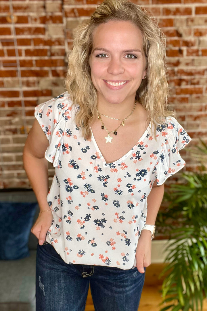 Floral Flutter Sleeve V-Neck Blouse