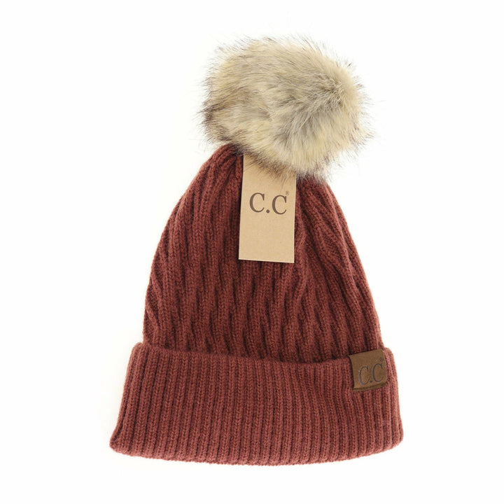 Solid Honey Comb Fur Pom C.C Beanie HAT2079: Brick