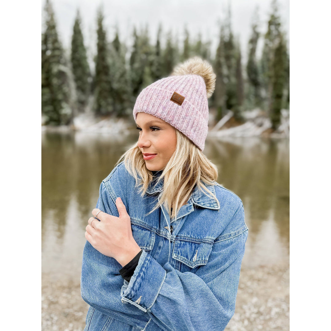 Soft Ribbed Fur Pom C.C Beanie HAT2074: Oatmeal Multi
