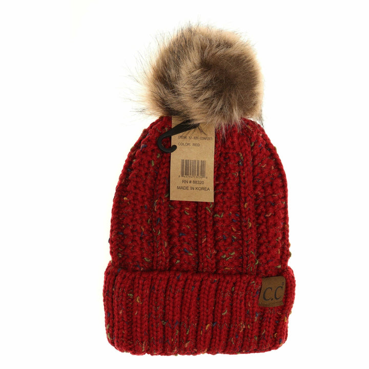 Fuzzy Lined Flecked Fur Pom CC Beanie YJ820CONFETTI: Red