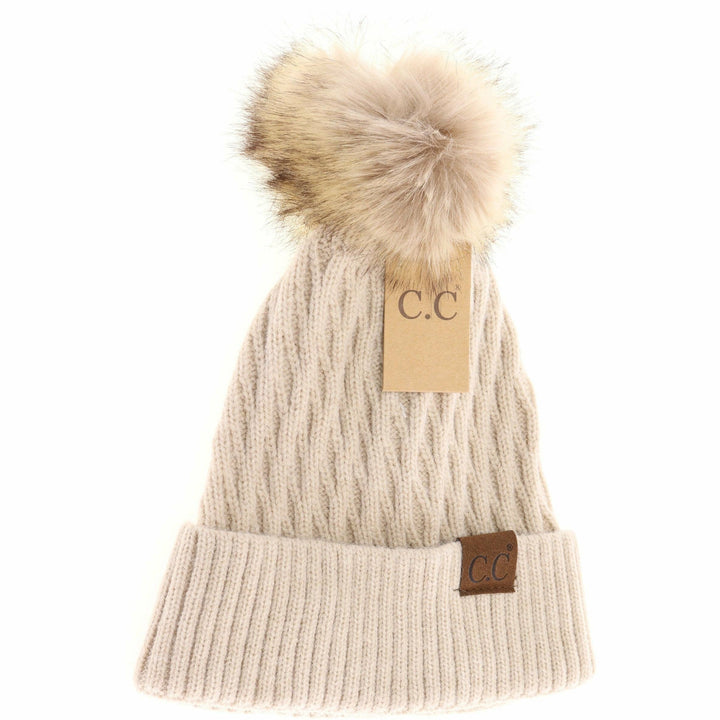 Solid Honey Comb Fur Pom C.C Beanie HAT2079: Brick