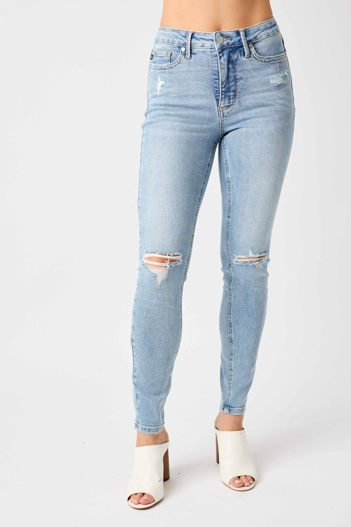 Judy Blue Mid Rise Tummy Control Distressed Skinny Jeans