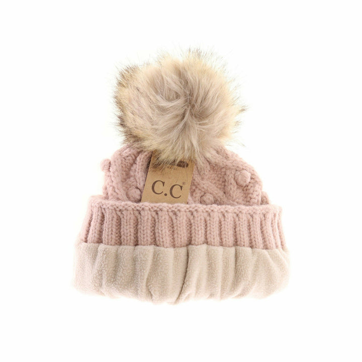 Bobble Knit Fur Pom C.C Beanie HAT3836: Moss Mix