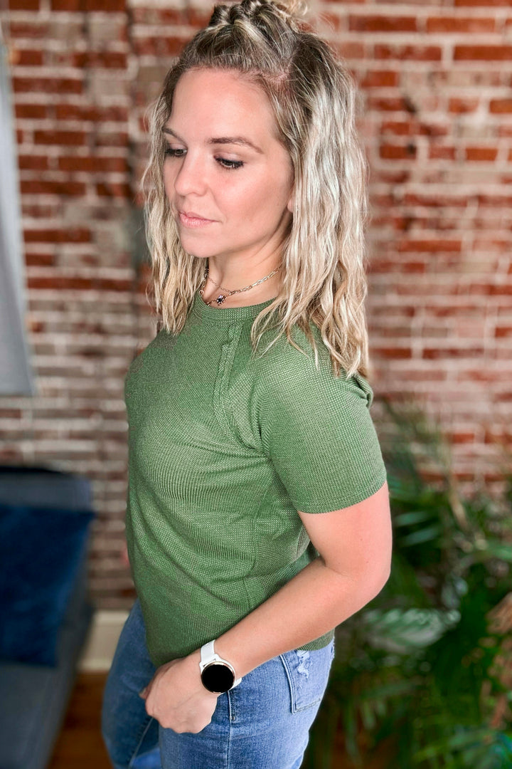 Baby Waffle Knit Short Sleeve Top •Light Olive•