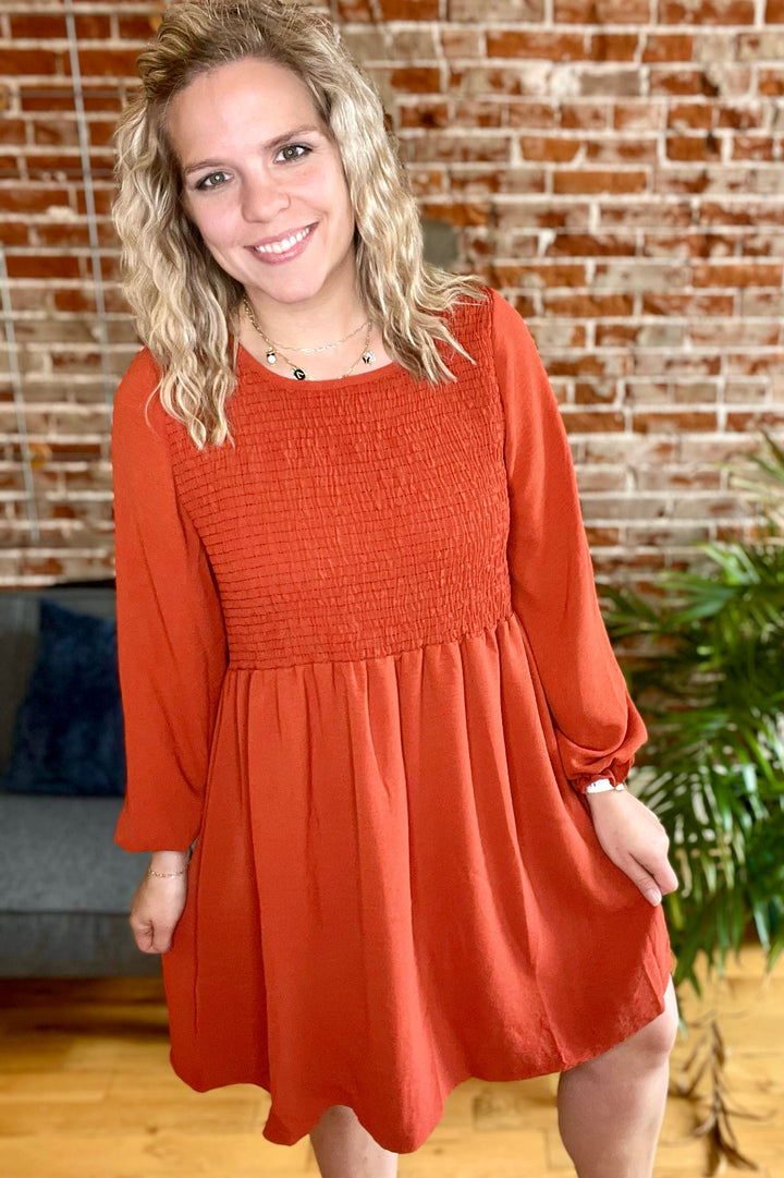 Everything Nice Smocked Front Long Sleeve Dress •Rust•