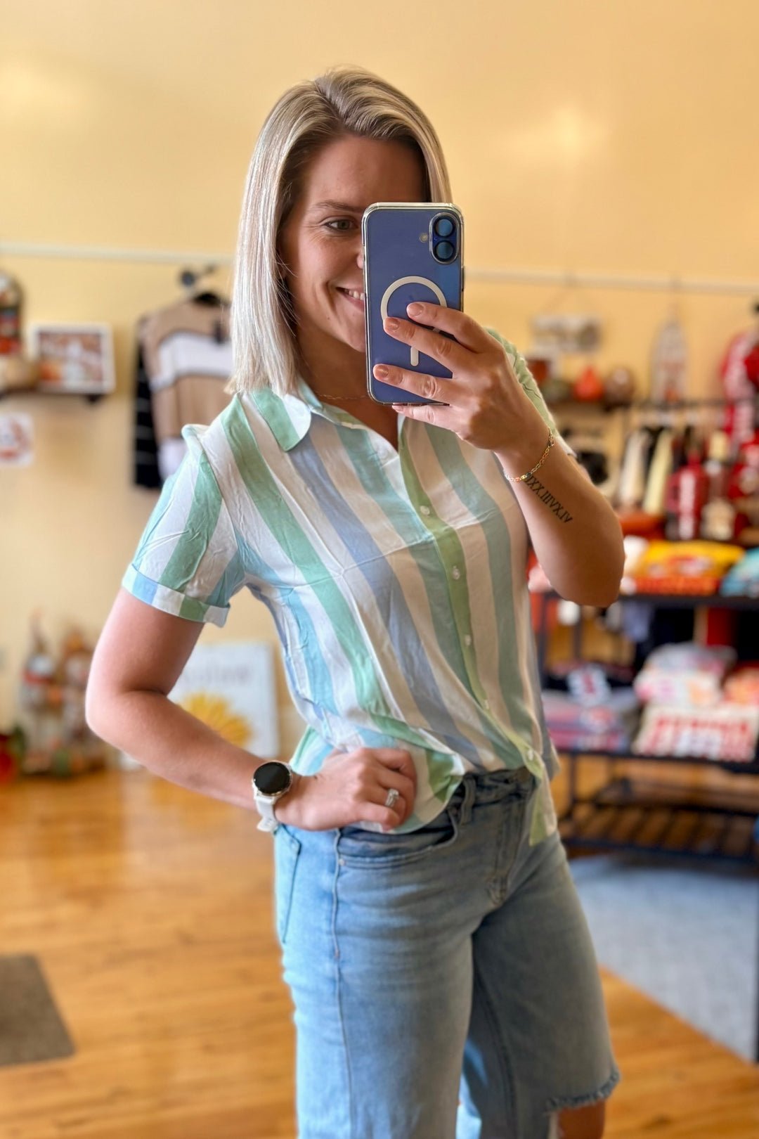 Multi Stripe Button Front Top