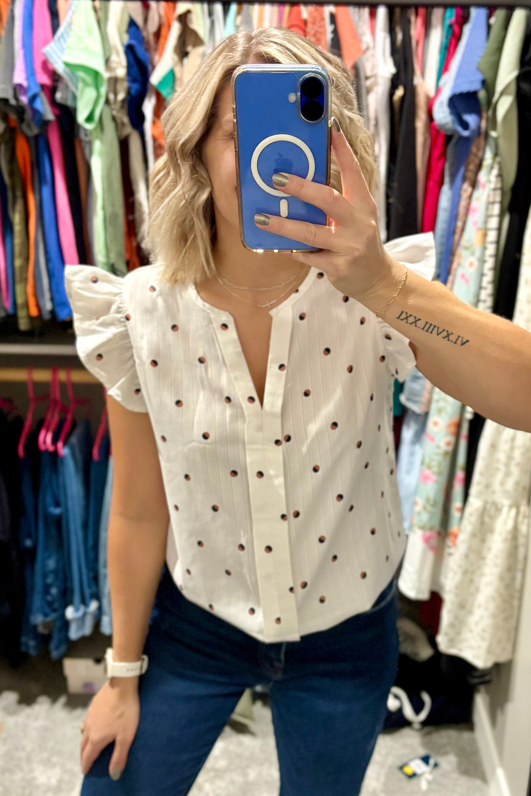 Polka Dot Print Short Sleeve Blouse