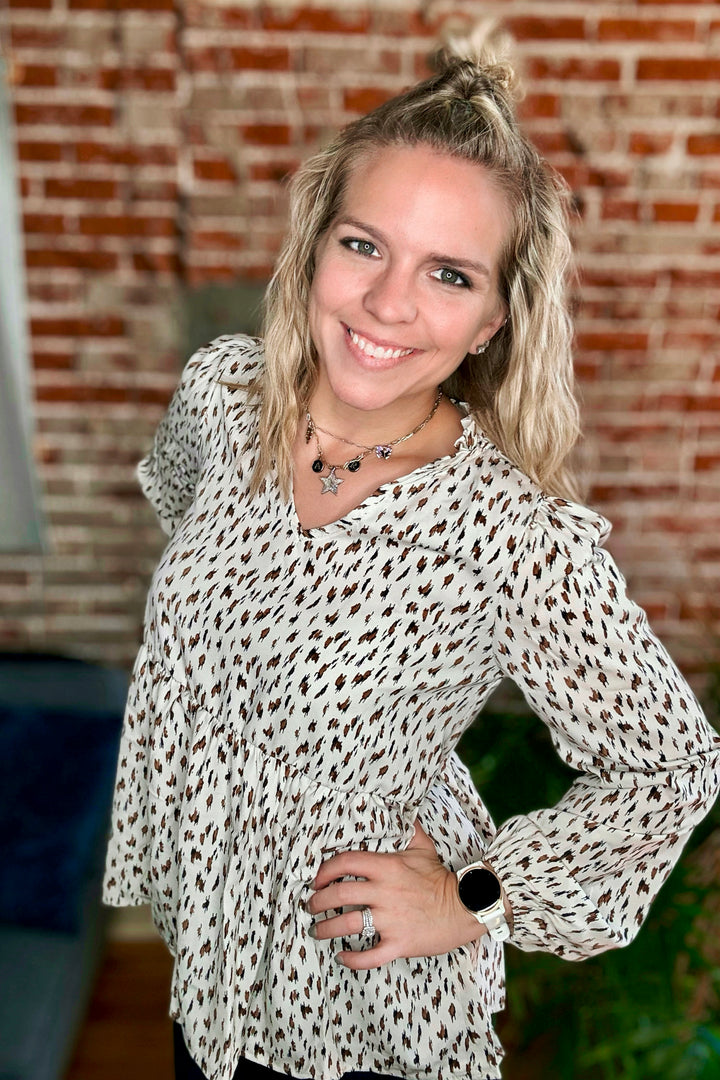 Leopard Print Long Sleeve Peplum Top