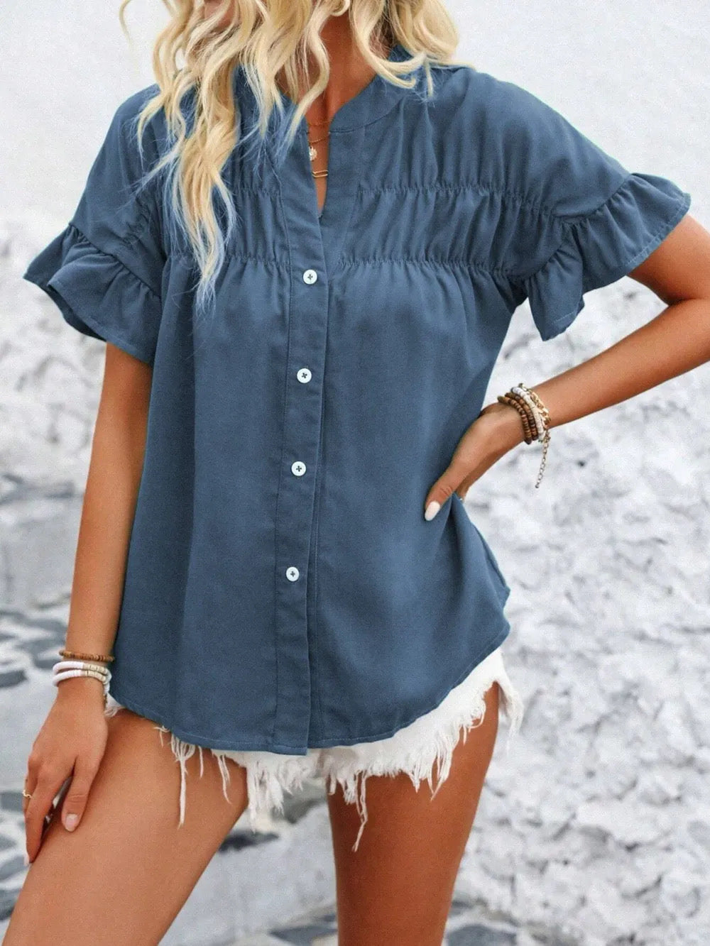 Ruffled Front Short Sleeve Denim Top