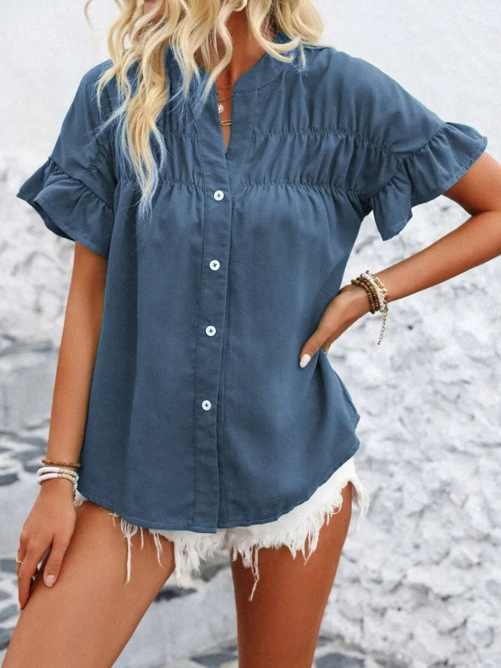 Ruffled Front Short Sleeve Denim Top
