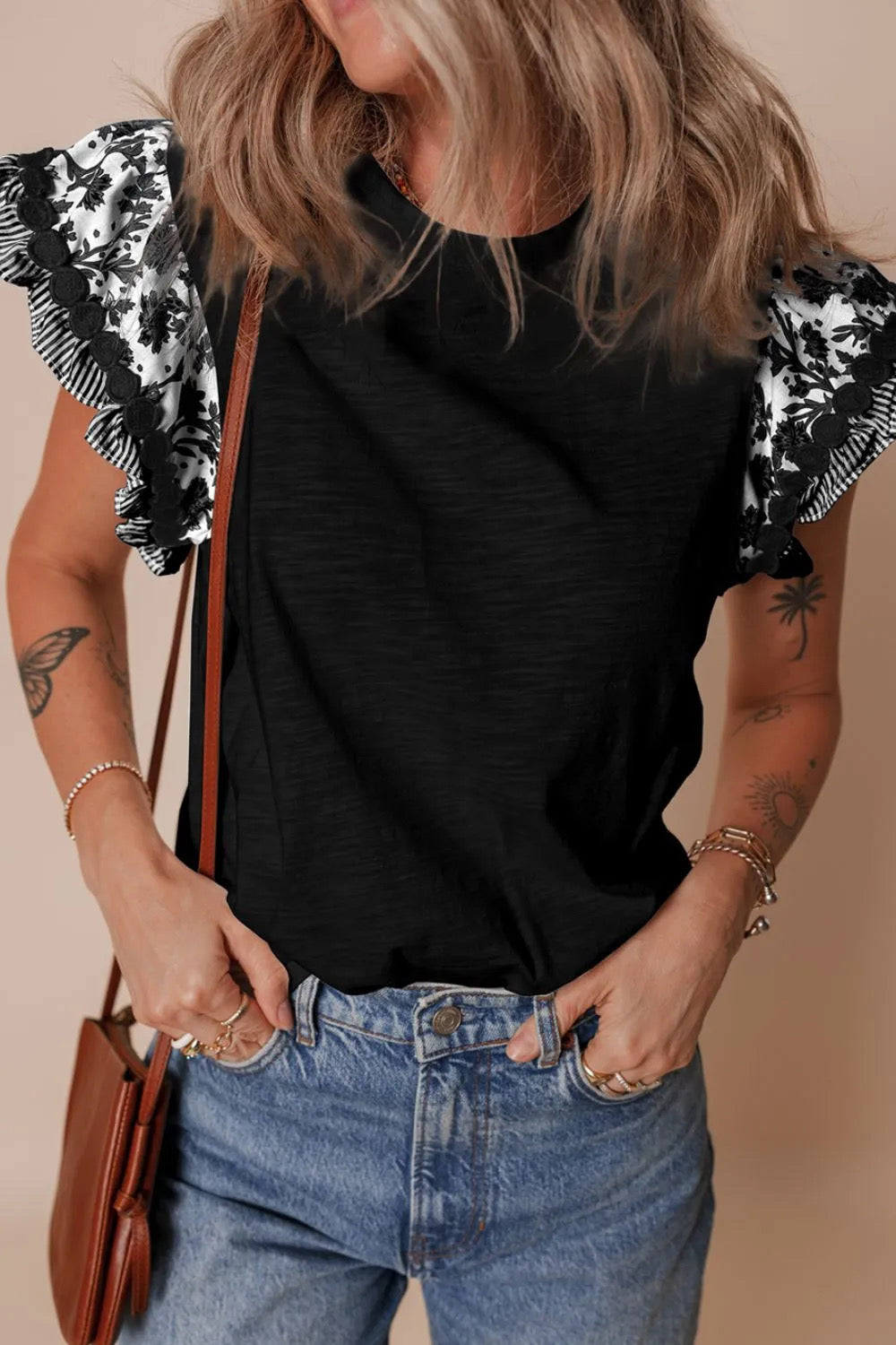 Black Floral Ruffle Sleeve Short Sleeve Blouse