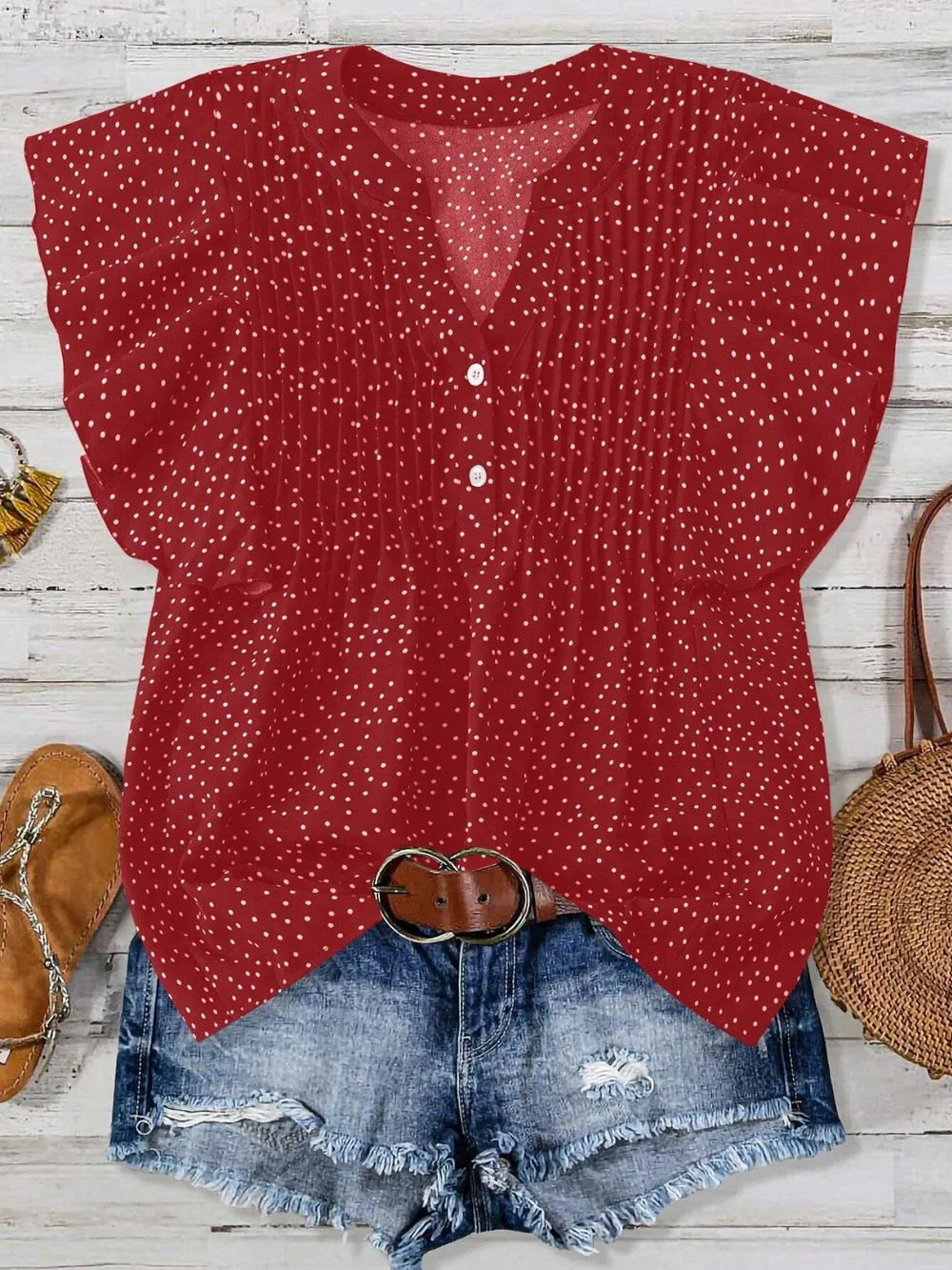 Polka Dot Notched Button Cap Sleeve Blouse •Red•