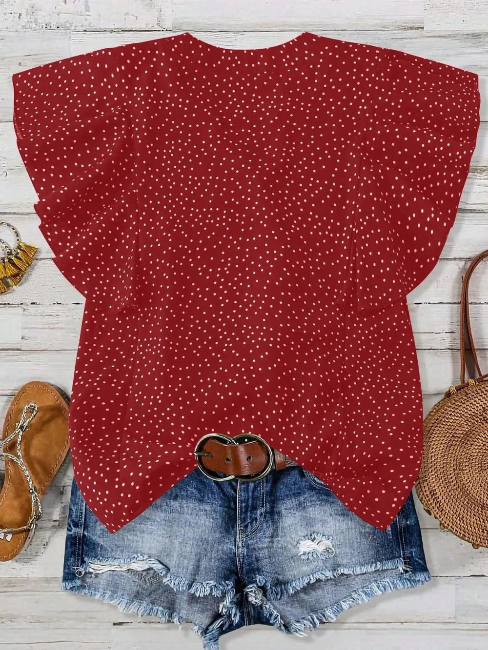Polka Dot Notched Button Cap Sleeve Blouse •Red•