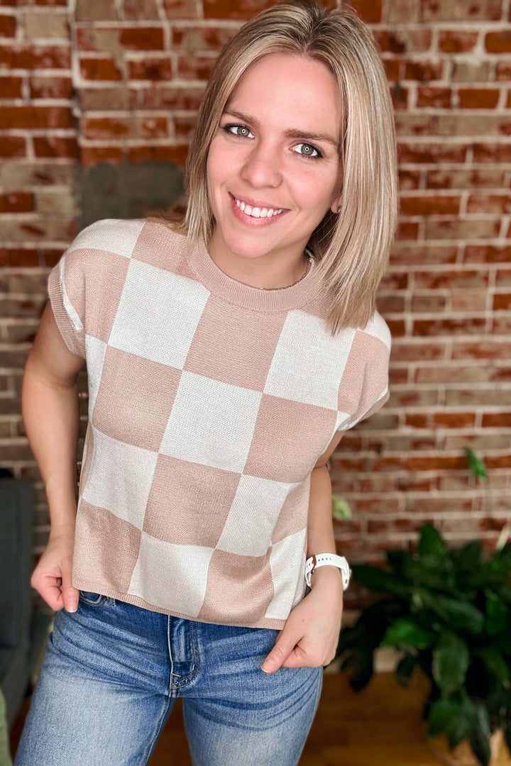 Checkered Round Neck Cap Sleeve Knit top