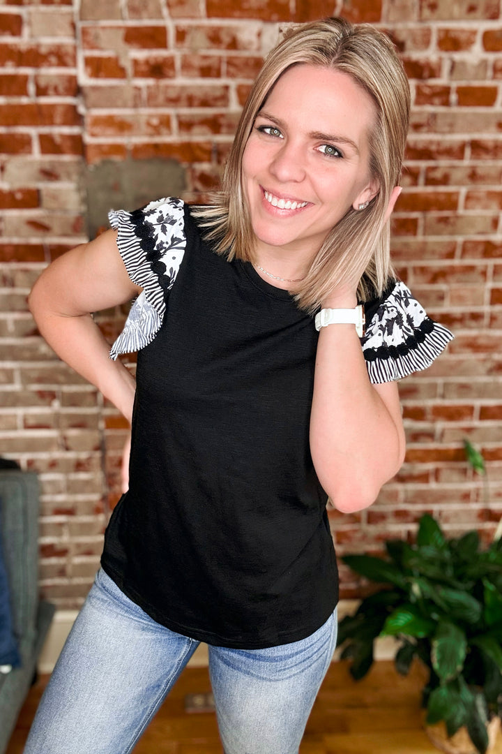Black Floral Ruffle Sleeve Short Sleeve Blouse