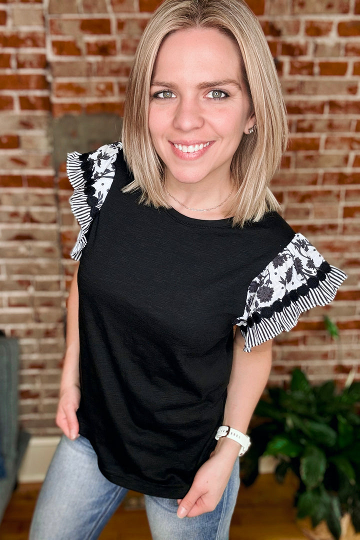 Black Floral Ruffle Sleeve Short Sleeve Blouse