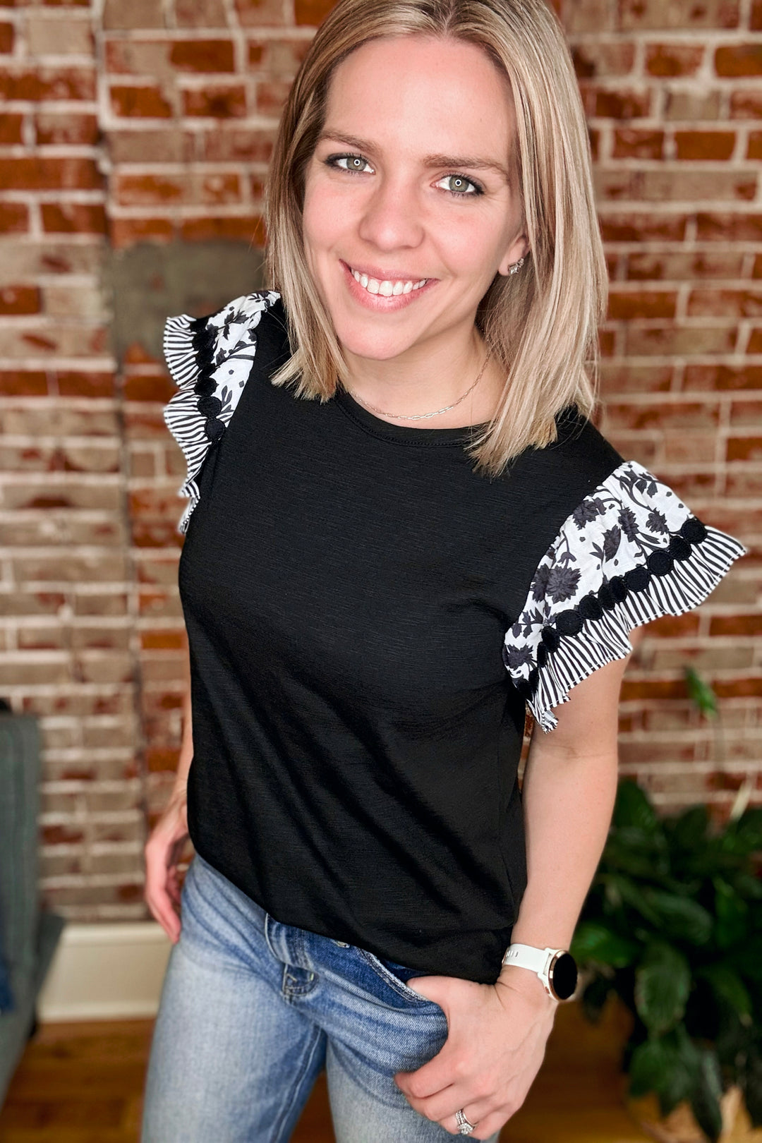 Black Floral Ruffle Sleeve Short Sleeve Blouse