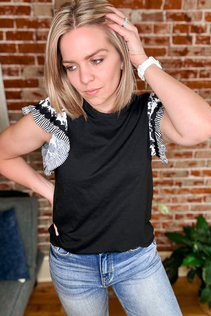 Black Floral Ruffle Sleeve Short Sleeve Blouse