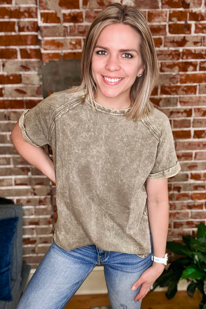 Acid Wash Cuff Sleeve Short Sleeve Top •Mocha•