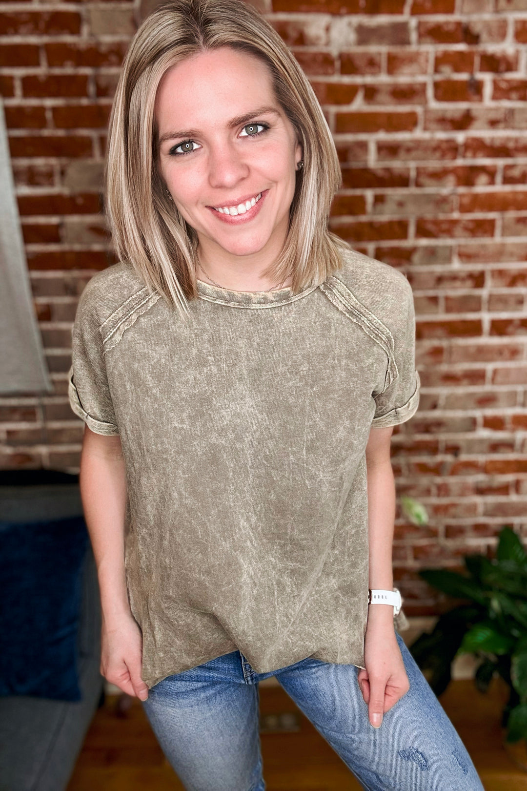 Acid Wash Cuff Sleeve Short Sleeve Top •Mocha•
