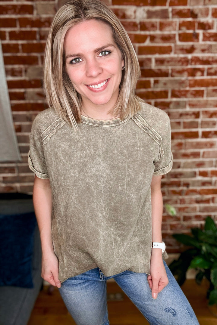 Acid Wash Cuff Sleeve Short Sleeve Top •Mocha•