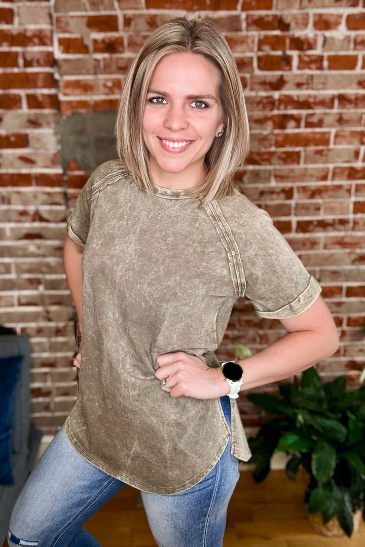 Acid Wash Cuff Sleeve Short Sleeve Top •Mocha•