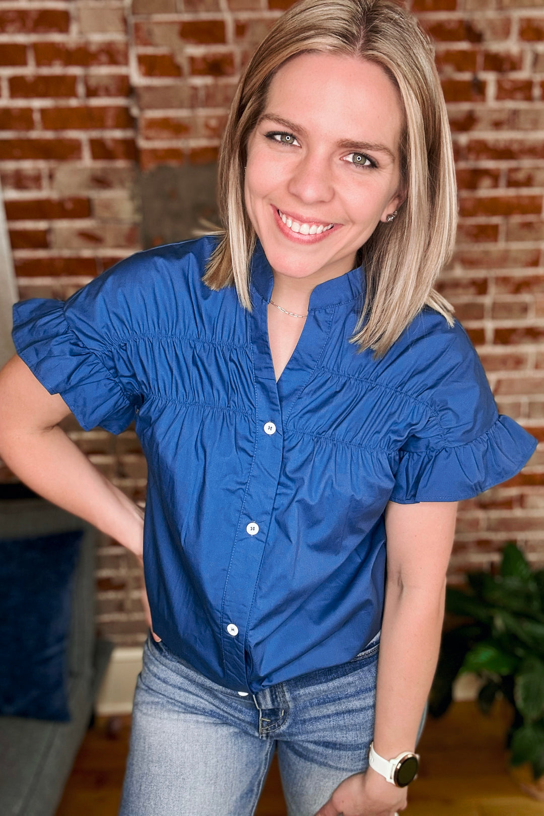 Ruffled Front Short Sleeve Denim Top