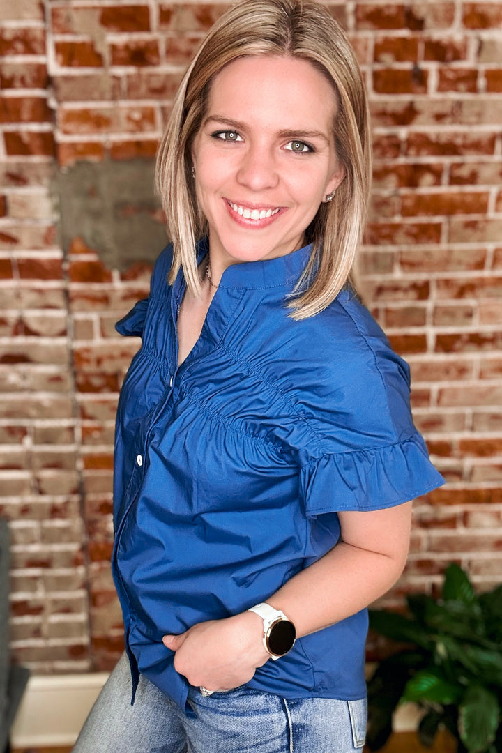 Ruffled Front Short Sleeve Denim Top