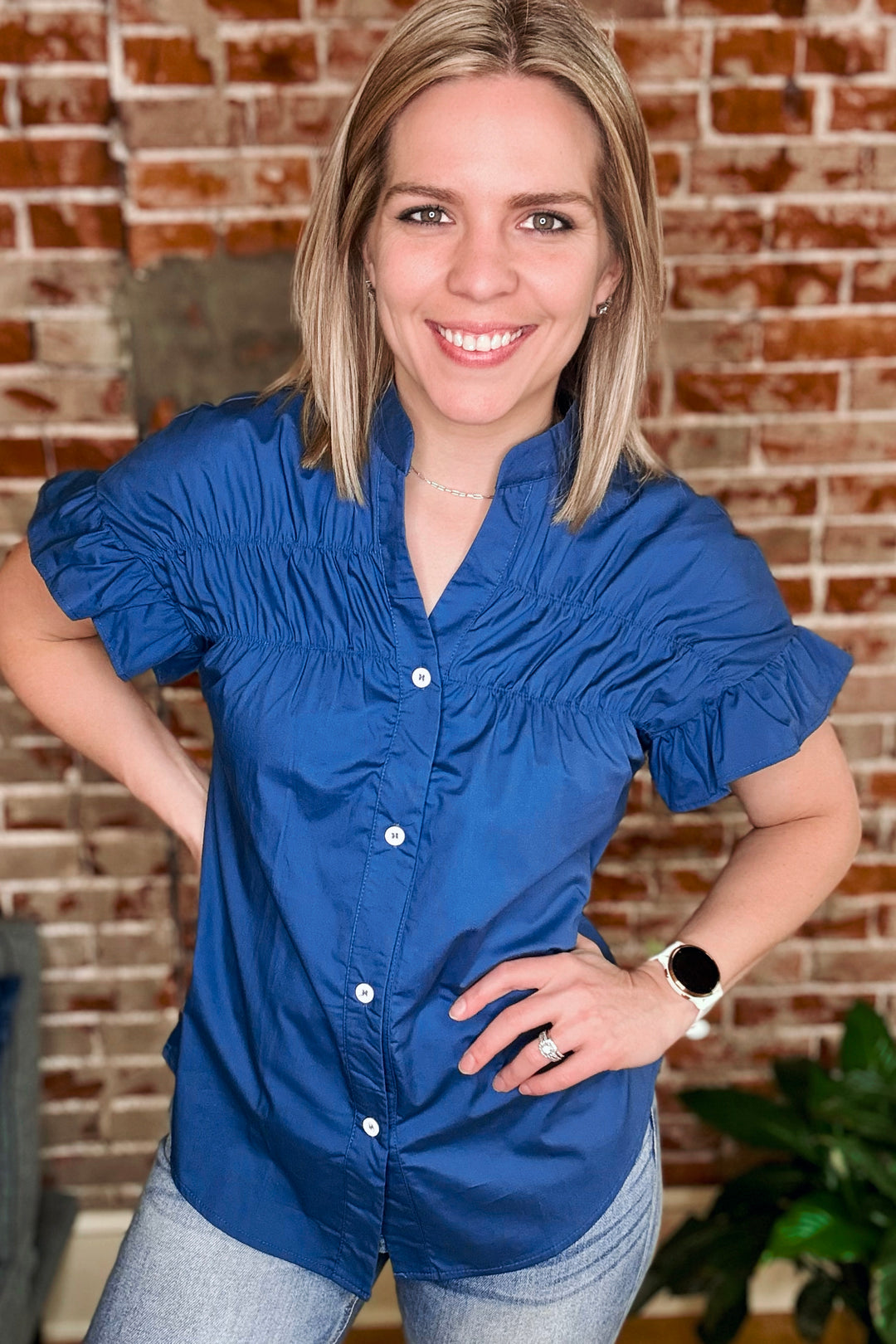 Ruffled Front Short Sleeve Denim Top