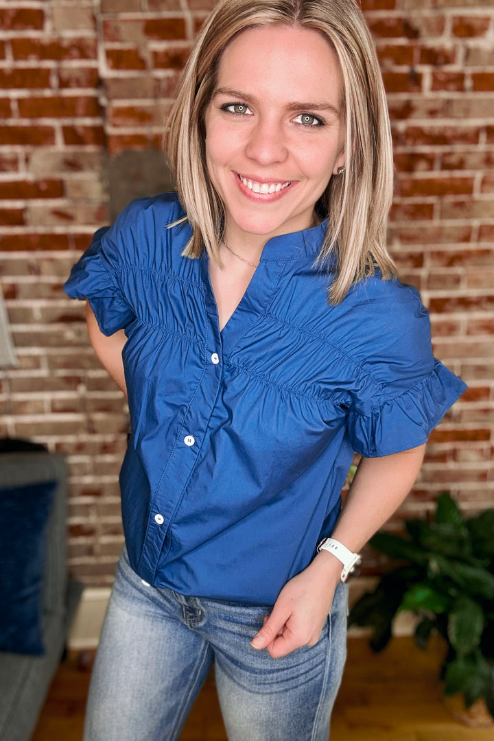 Ruffled Front Short Sleeve Denim Top