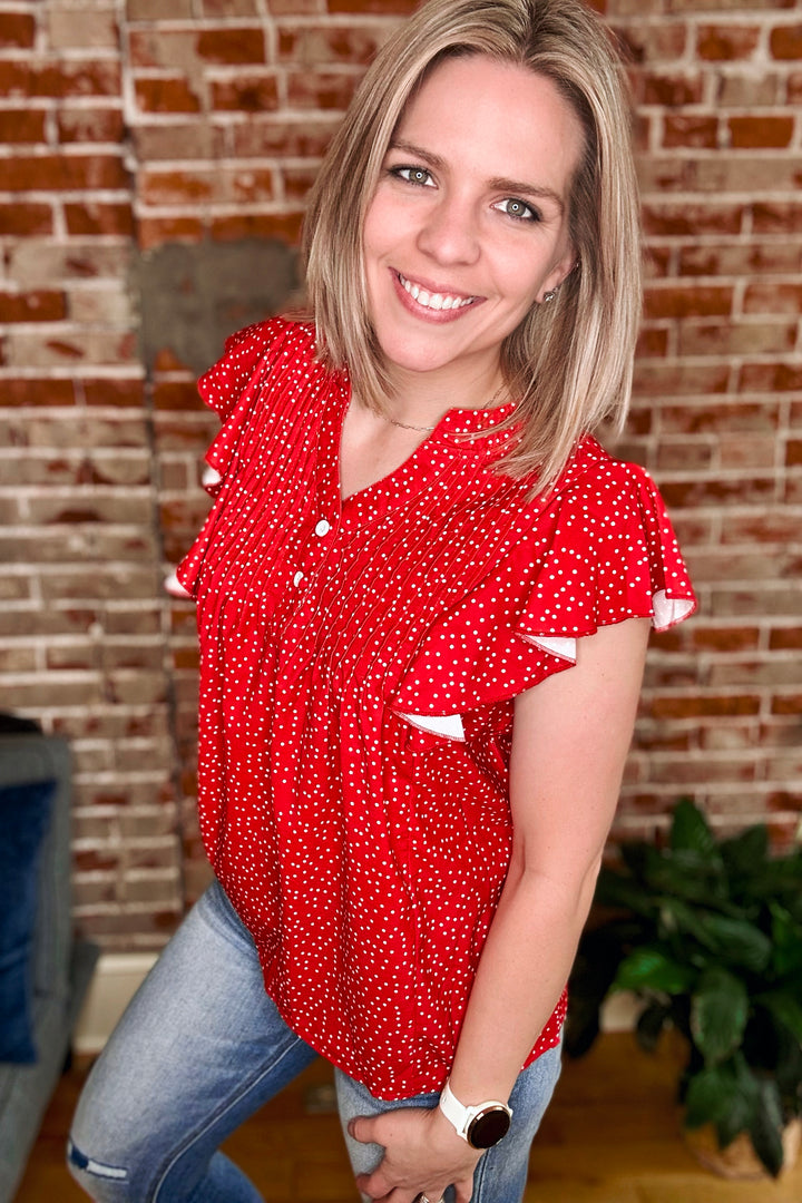 Polka Dot Notched Button Cap Sleeve Blouse •Red•