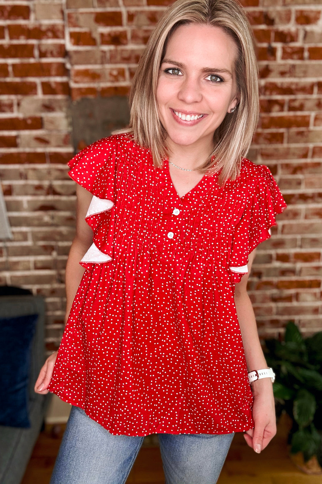 Polka Dot Notched Button Cap Sleeve Blouse •Red•