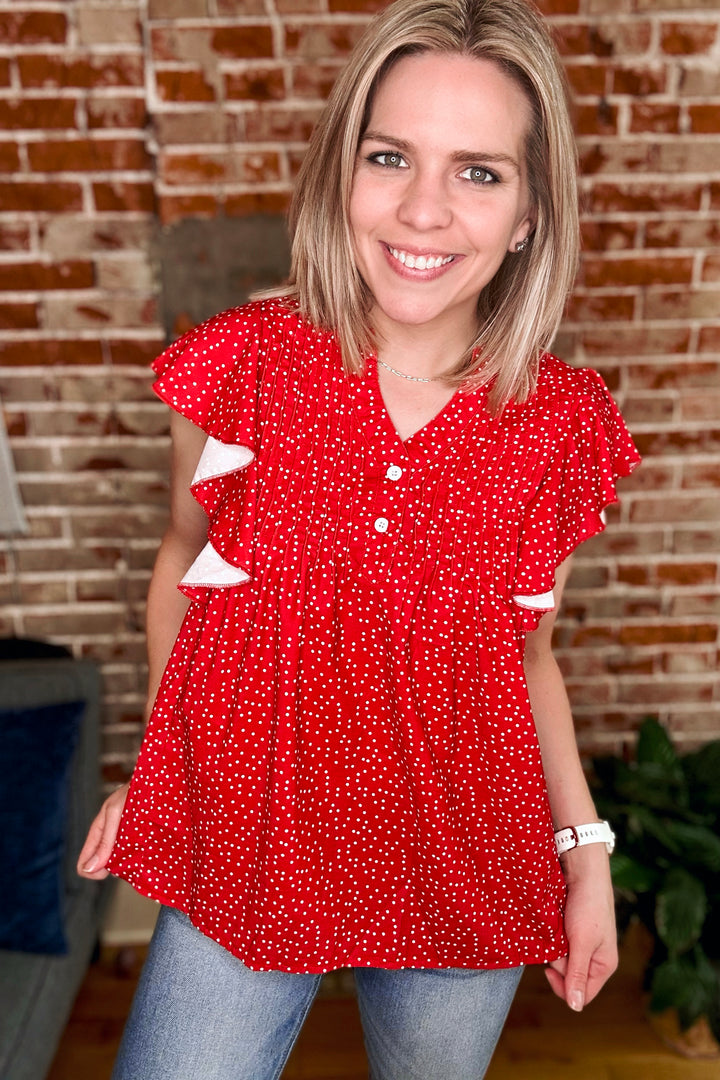 Polka Dot Notched Button Cap Sleeve Blouse •Red•
