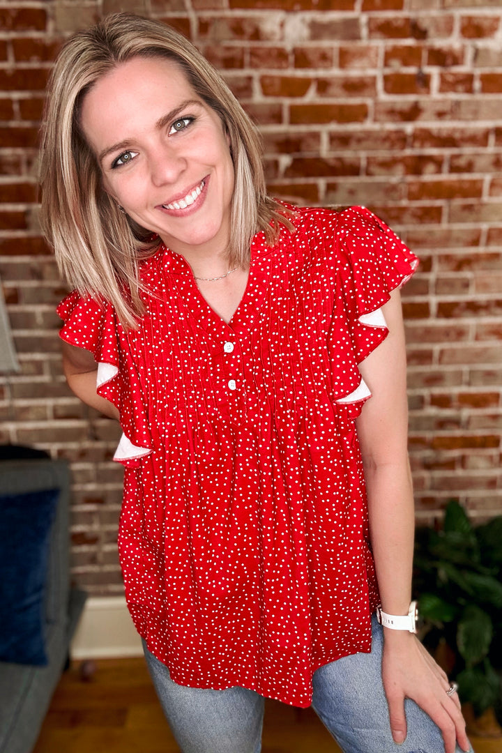 Polka Dot Notched Button Cap Sleeve Blouse •Red•