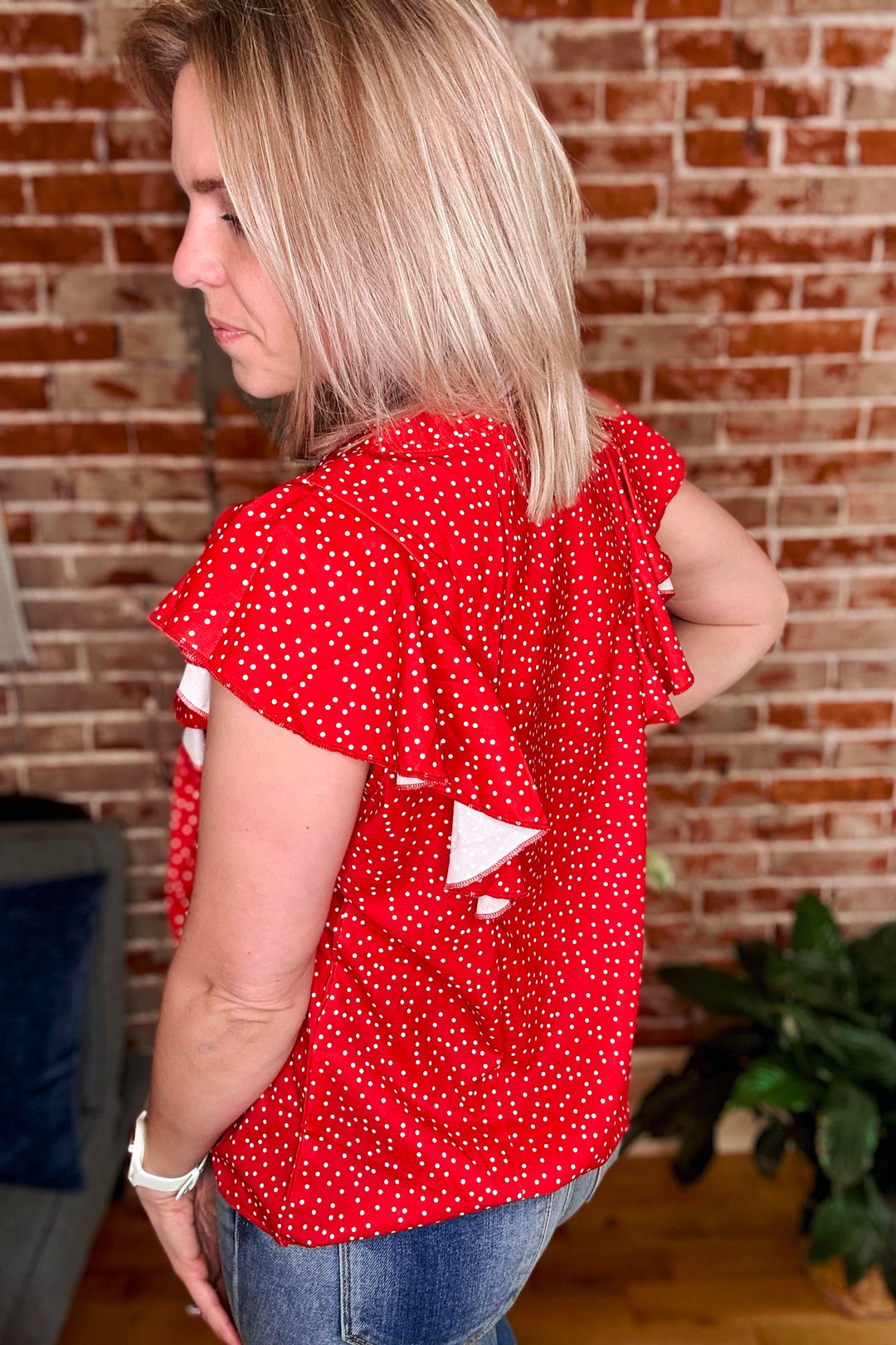 Polka Dot Notched Button Cap Sleeve Blouse •Red•