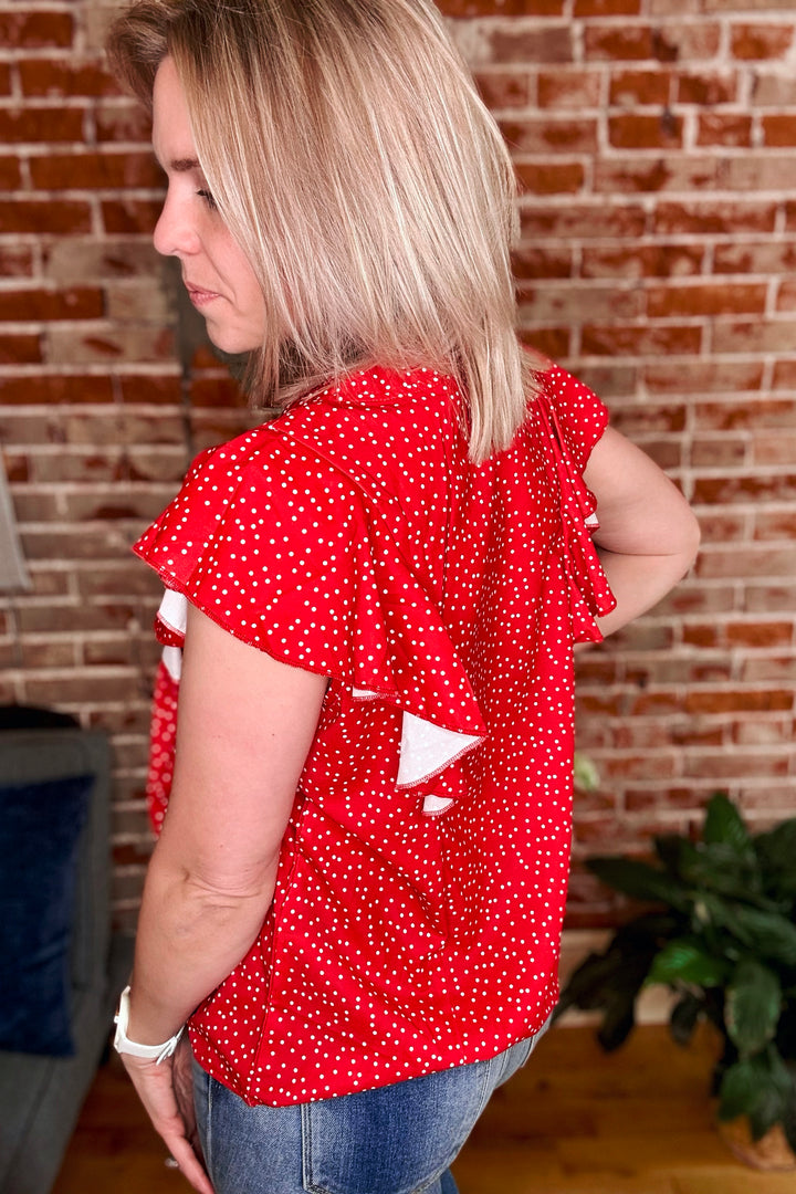 Polka Dot Notched Button Cap Sleeve Blouse •Red•