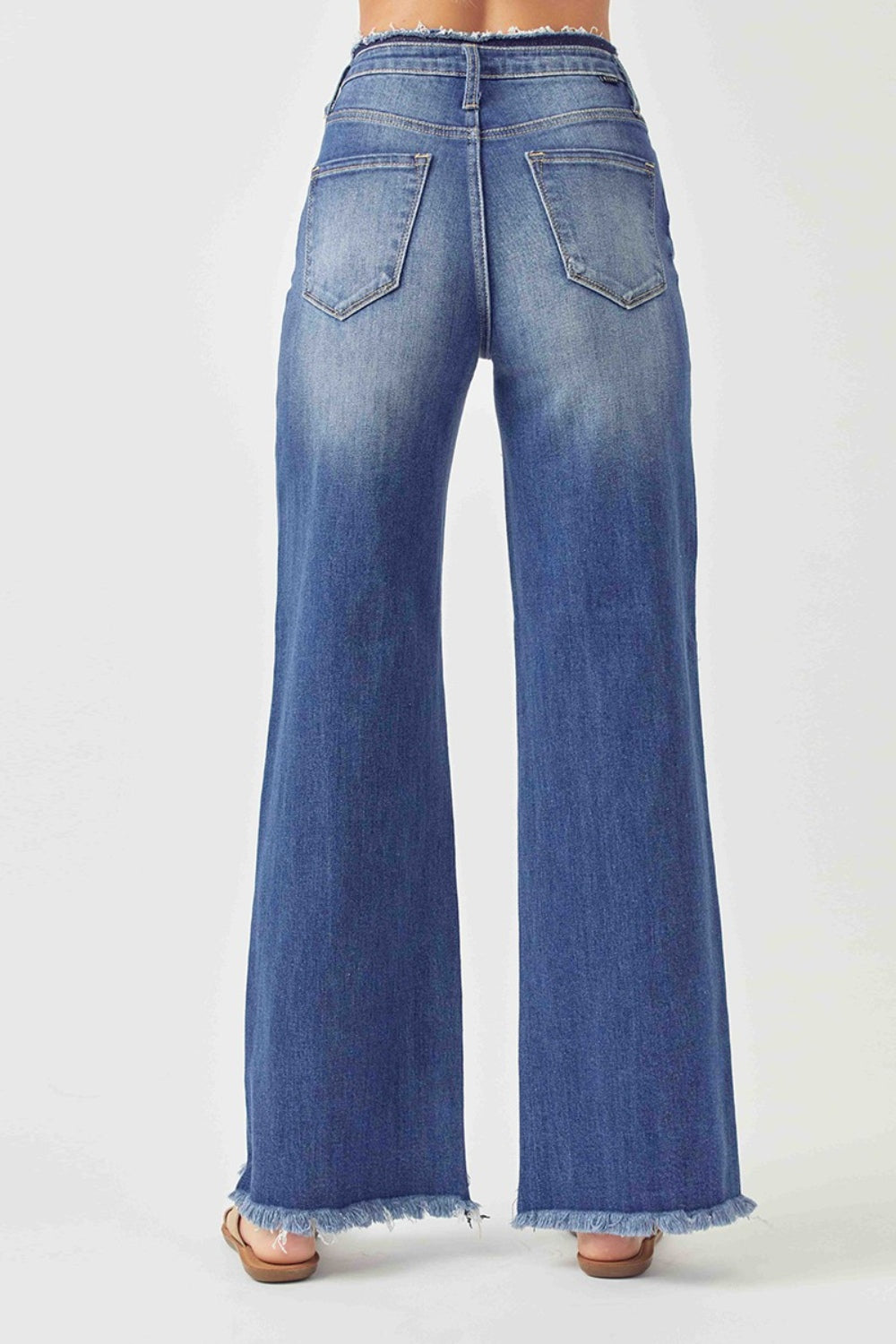 Risen High Waist Raw Hem Wide Leg Jeans