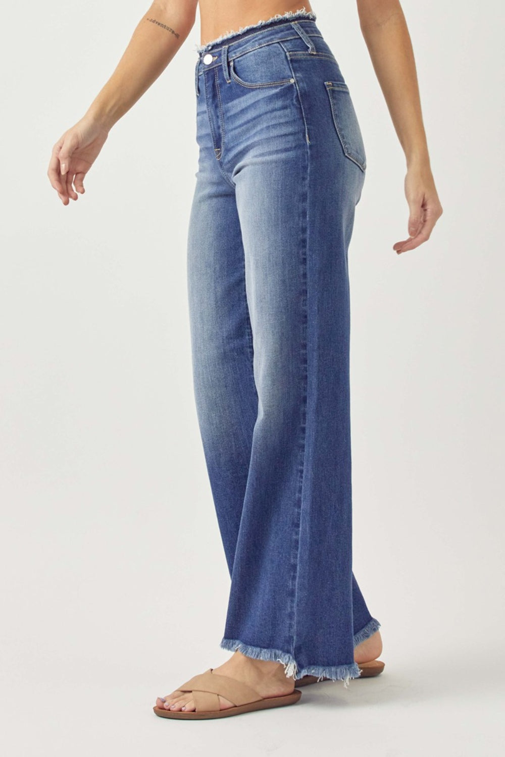 Risen High Waist Raw Hem Wide Leg Jeans