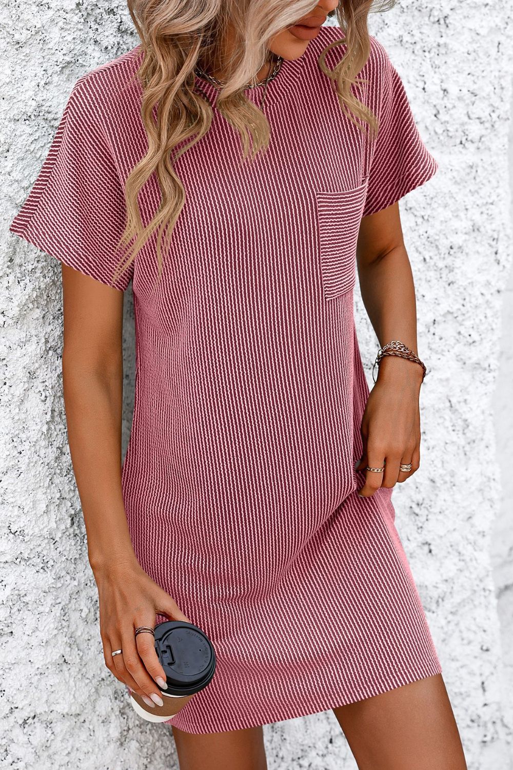 •PRE ORDER• Ribbed Striped Short Sleeve Mini Tee Dress