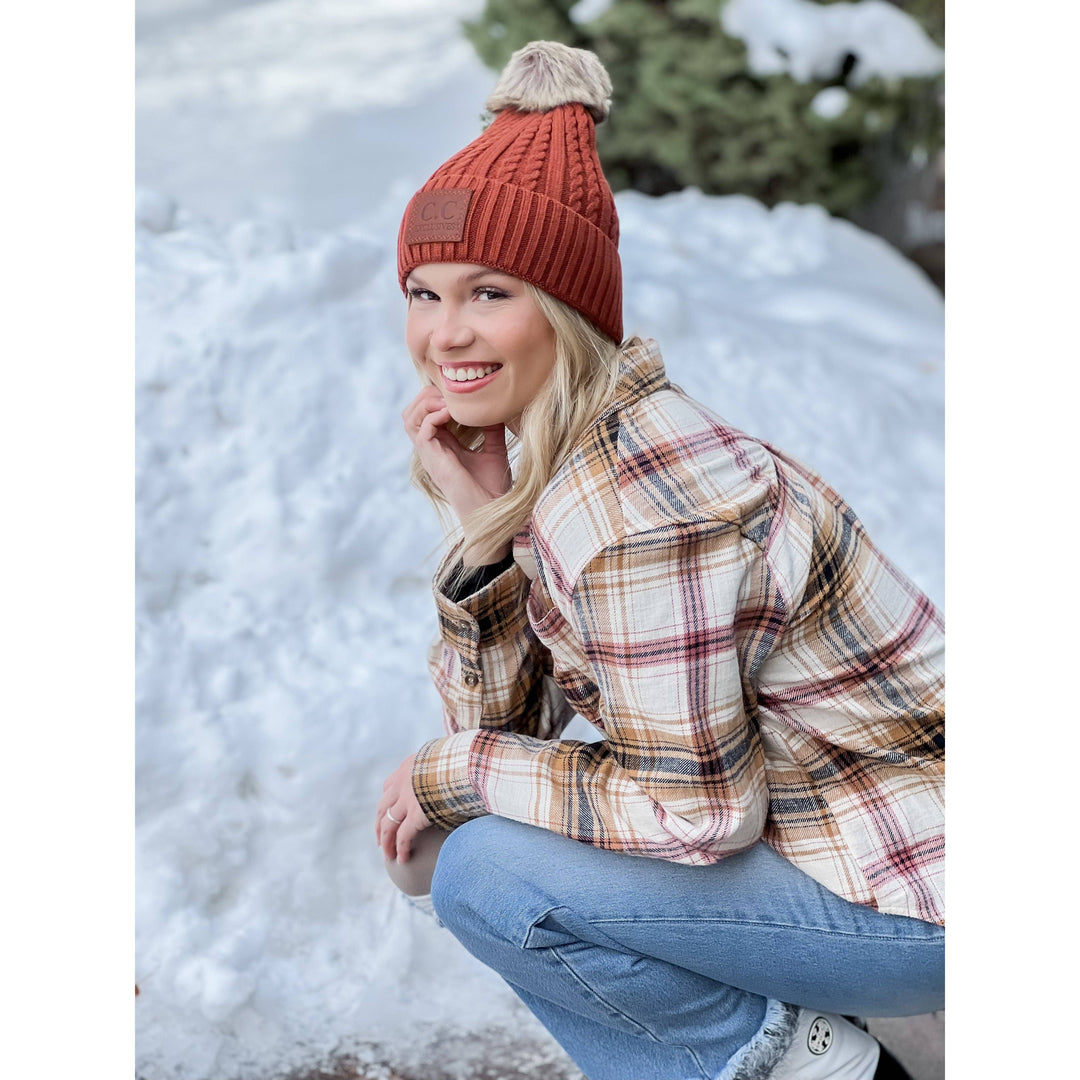 Double Braided Knit Faux Fur Pom Beanie HAT3478: Rust