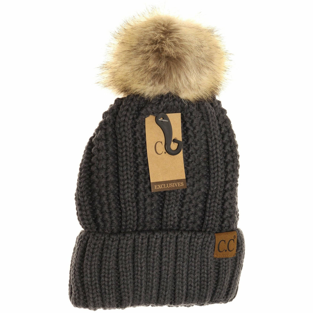 Fuzzy Lined Fur Pom CC Beanie YJ820: Black