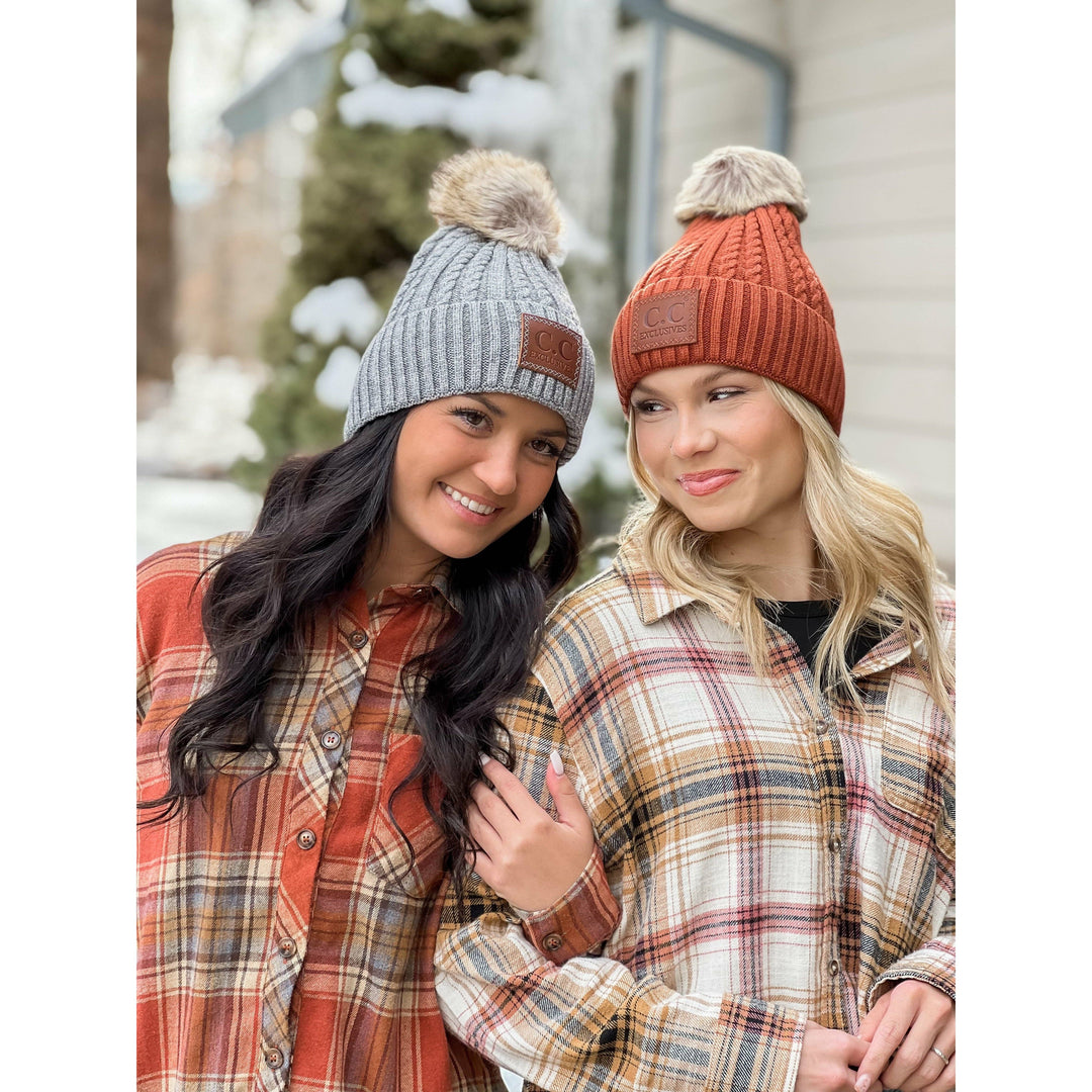 Double Braided Knit Faux Fur Pom Beanie HAT3478: Beige