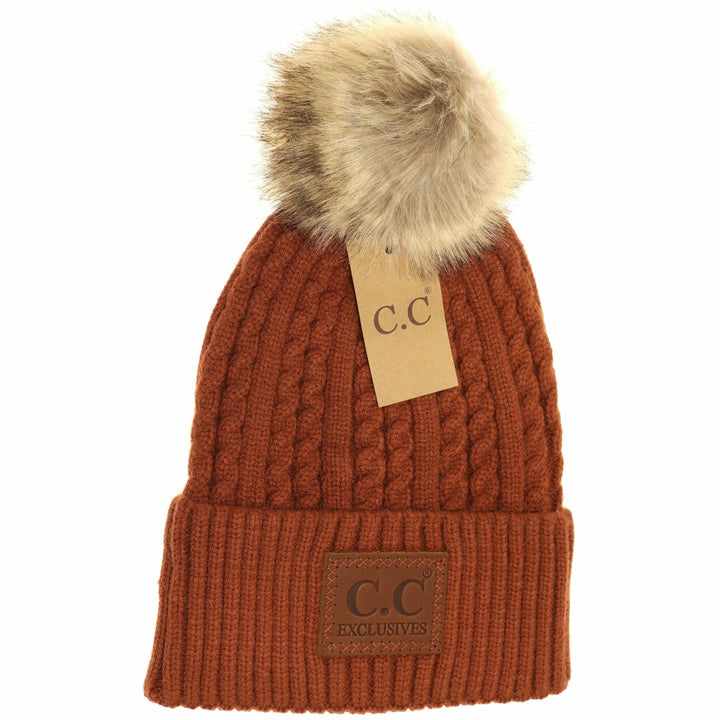 Double Braided Knit Faux Fur Pom Beanie HAT3478: Rust