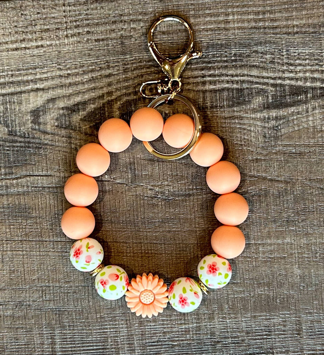 Floral Flower Silicone Bead Wristlet Keychain: Lavender