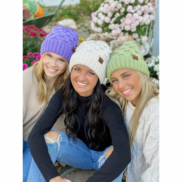 Bobble Knit Fur Pom C.C Beanie HAT3836: Moss Mix